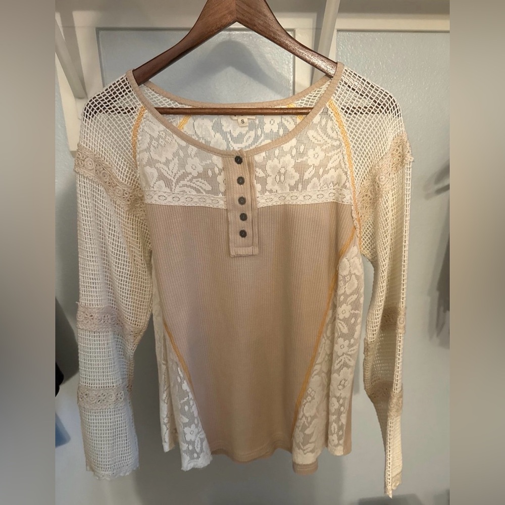 Pol Thermal and Crochet Henley Long Sleeve Top